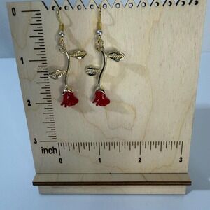 Red Rose Dangle Earrings - Gold Floral Drop Earrings - Romantic Flower Earrings